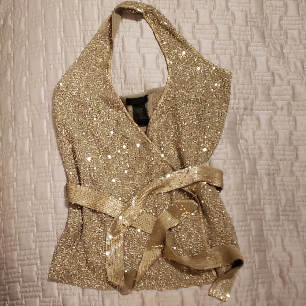 Donna Karan Gold Sequin Knit Top